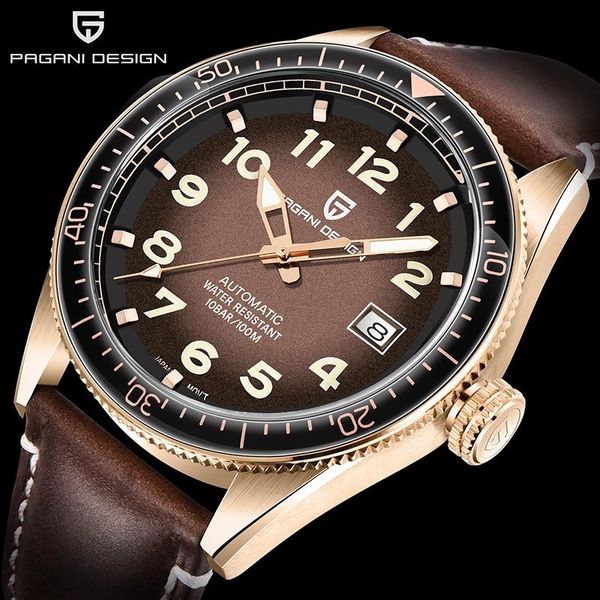 

wristwatches pagani design 100m waterproof men's automatic watch brand nh35a sports men mechanical luxury leather relogio masculino, Slivery;brown
