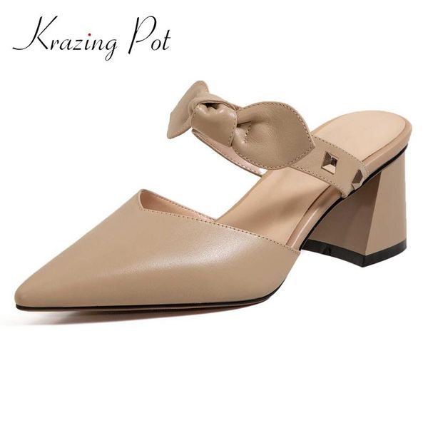 

krazing pot cow leather pointed toe gentlewomen high heels classic street fashion daily wear slip on women sandals l33 dress shoes, Black