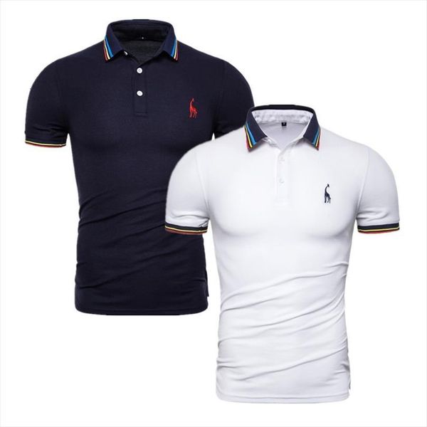 

brand quality 2 pieces lot men polos solid slim fit deer embroidery polo shirt casual giraffe mens, White;black