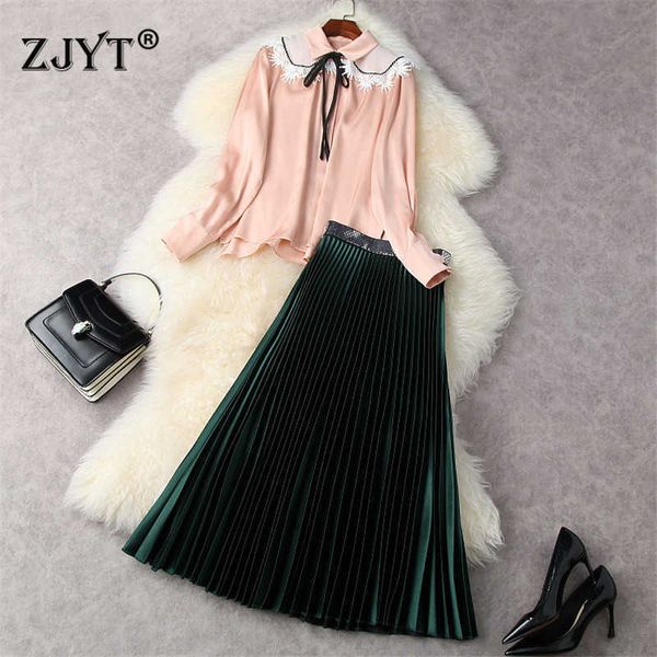 

spring designers women embroidery blouse and long pleated skirt suit 2 piece set office lady party outfits twinset 210601, White
