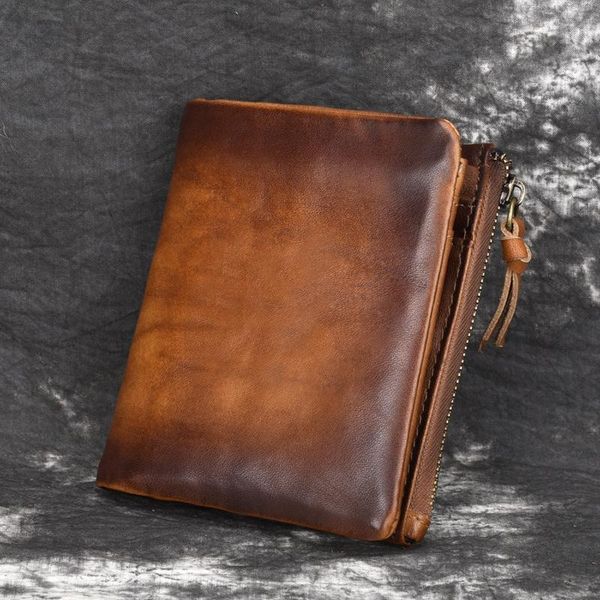 

genuine real leather men male vintage wallets zipper coin purse handmade cowhide casual credit bank card case holder money bag, Red;black