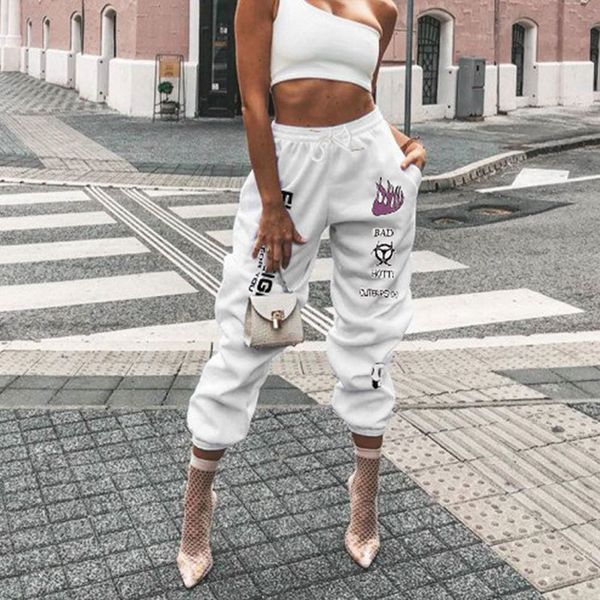 

rapwriter fashion drawstring elastic high waist pants joggers women autumn streetwear loose trousers white pantalon femme 200930, Black;white