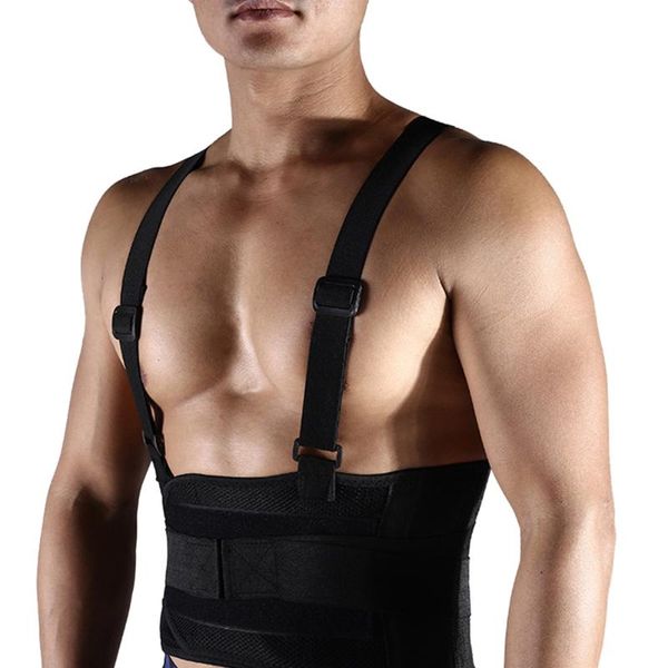 

men lumbar fitness nylon adjustable waist support belt breathable weightlifting running back with shoulder straps, Black;gray