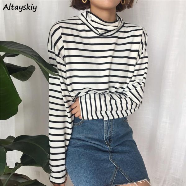 

women's t-shirt vintage t-shirts women striped classic loose turtleneck students long sleeve casual females korean style c, White