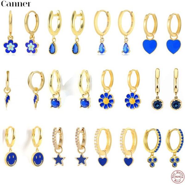 

hoop & huggie canner real 1pair 925 sterling silver blue drip oil zircon woman fashion jewelry earrings retro huggies for women gifts, Golden;silver