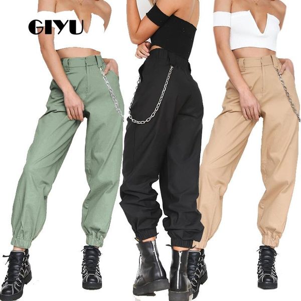 

women's pants & capris giyu solid women cargo high waist long chain casual pencil loose trousers streetwear feminino vaqueros mujer, Black;white