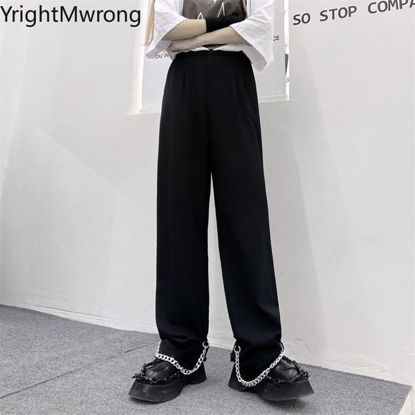 

women's pants & capris techwear metal chain high waist loose straight cargo office suit pant gothic woman man harajuku long trouser fas, Black;white