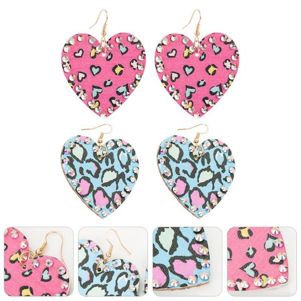 

pairs heart-shaped earrings shiny rhinestone leather dangle & chandelier, Silver