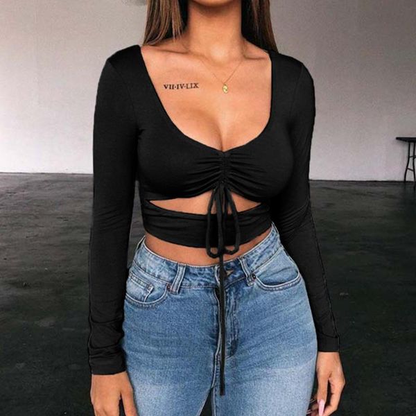 

women's t-shirt elegant cotton hollow out tee shirt bandage backless long sleeve solid color with sleeves laces, White