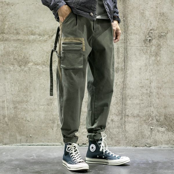 

pant streetwear casual ribbons men's cargo pocket loose cotton hiphop fashion joggers pants trousers men, Black