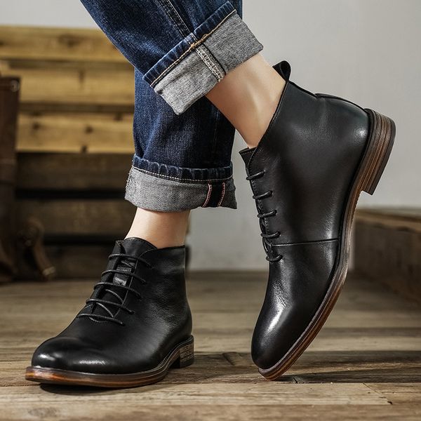 

luxury brand chelsea boots genuine leather men's ankle boots business formal shoes mens pointed toe martin boots, Black