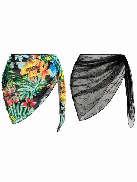 

2pack tropical print cover up skirt s2d2#, White;black