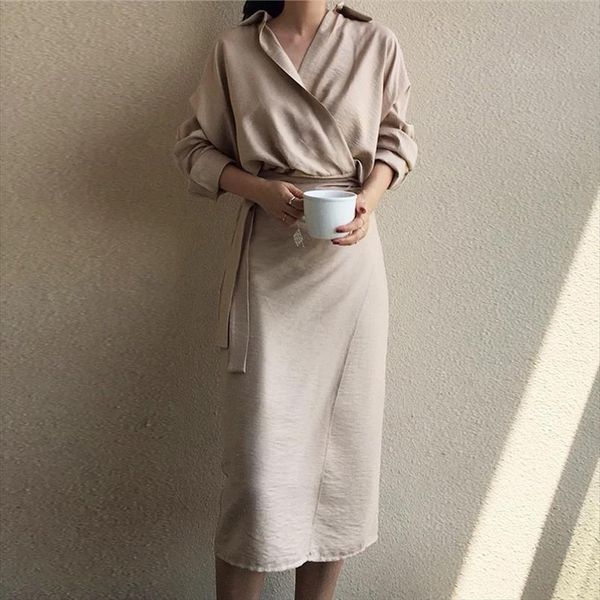 

casual v neck solid women dresses midi wrap lace up high waist full female retro blusas vestido mujer, Black;gray