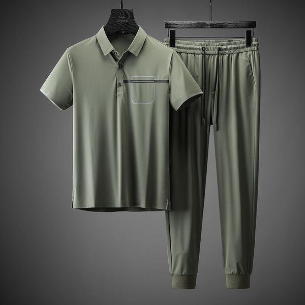 

men's tracksuits 2021 summer trendy collar short sleeve fashion brand suit men 's young personal leisure sports two - piece, Gray