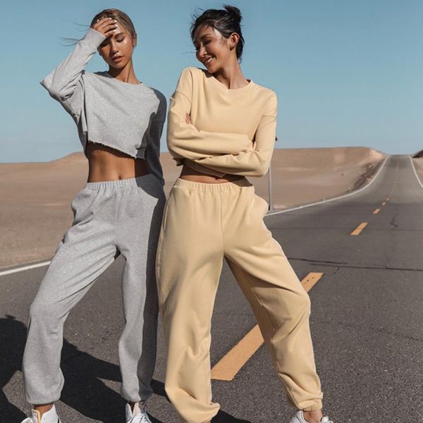 

women's two piece pants tracksuit set loose short sweatshirt long suits solid color sleeve casual 2 pieces sets 2021 autumn, White