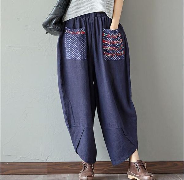 

women's pants & capris summer loose cotton linen trousers women wide leg elastic waist vintage womens casual harem rq36, Black;white