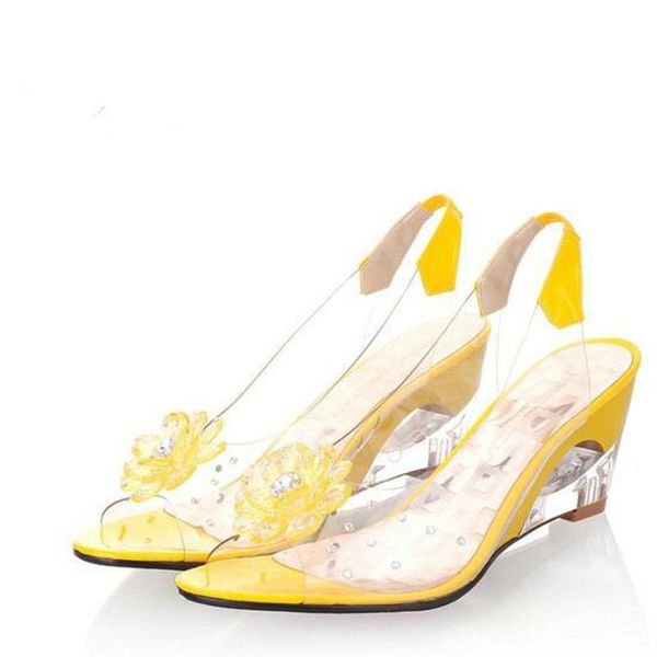 

wedges sandals women summer sweet flowers transparent high-heeled slippers fish mouth size 2021, Black