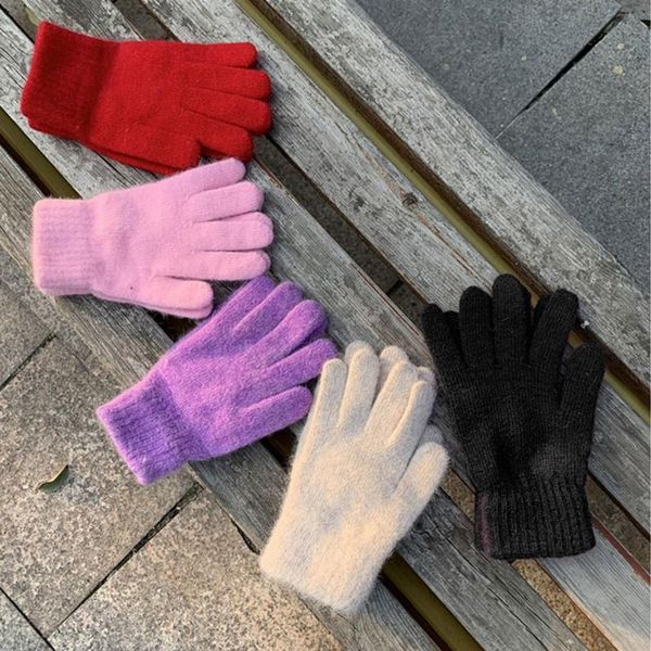 

fashionable women's winter wool knitted gloves men's thicken plus velvet elastic full finger cycling driving warm mittens, Black