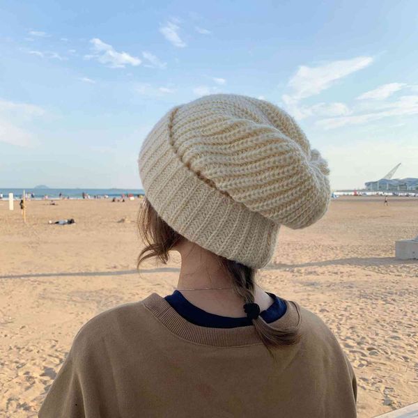 

knitted large wool hat for female students in autumn and winter, Blue;gray