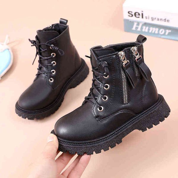 

children' boots soft-soled girls martin boots winter plus velvet warm british style leather boots fashion student metal chain g1210, Black;grey
