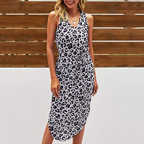 

summer fashion women's dresses casual v-neck sleeveless sukienka side slit drawstring waist mid-length female dress #t4g, Black;gray