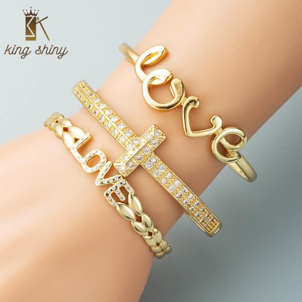 

bangle king shiny romantic letter love cuff for girl chic gold plated cubic zirconia alphabet adjustabale copper bracelet, Black
