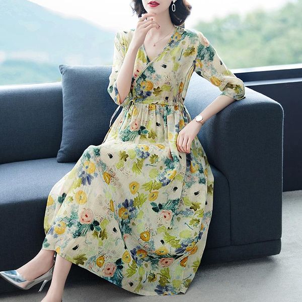 

casual dresses 2021 vintage floral cotton linen beach midi sundress summer korea 3xl plus size print elegant women dress bodycon party vesti, Black;gray
