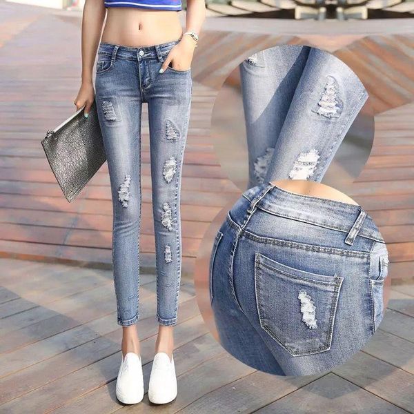 

women's jeans 2021 fashion style women vintage skinny pencil denim pants female chic painted mid waist ripped zipper t227, Blue