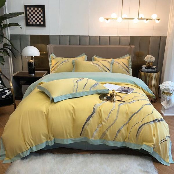 

bedding sets luxury yellow 600tc egyptian cotton marbling embroidery set duvet cover flat/fitted sheet pillowcases home textiles