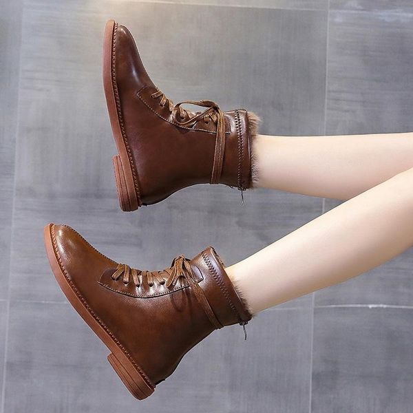 

boots 2021 winter lace-up women square heel platform black brown zipper round toe plush fashion ladies ankle