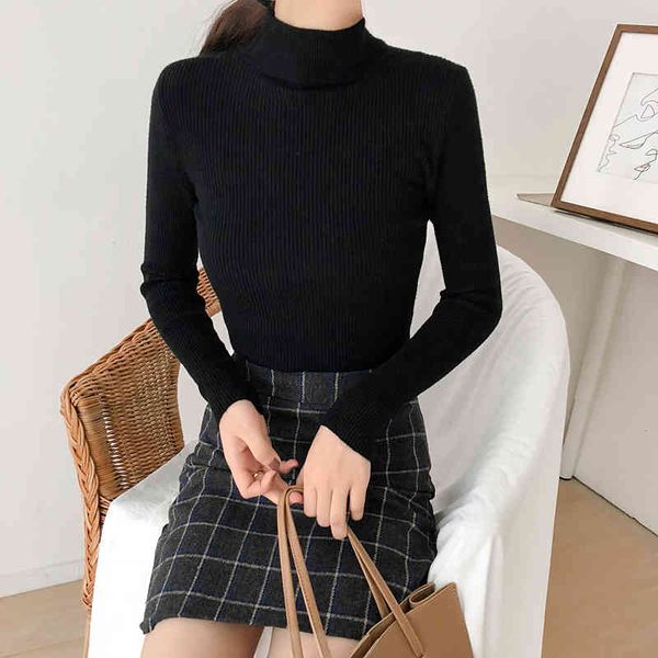 

autumn women ladies long sleeve turtleneck slim pullover knitted thin sweaters femme korean solid knitting shirts 210514, White;black