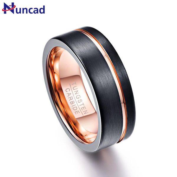 

wedding rings nuncad men's 8mm black matte finish tungsten carbide rose gold color groove bands, Slivery;golden