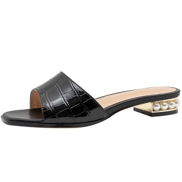 

concise pearl low heels 2021 women slippers summer sandals for walking home square pumps casual house shoes woman, Black