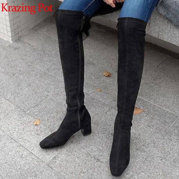 

boots krazing pot vintage square toe streetwear stretch fabric med heels over-the-knee winter warm zipper thigh high l01, Black
