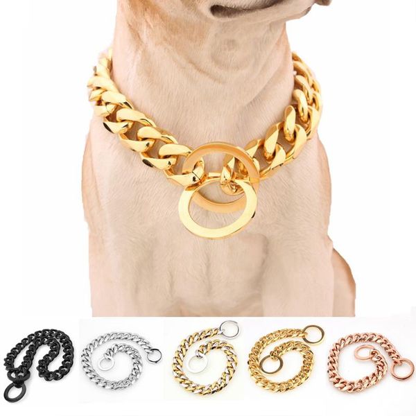 

dog collars & leashes 15mm solid chain collar stainless steel necklace dogs training metal strong p choker pet for pitbulls