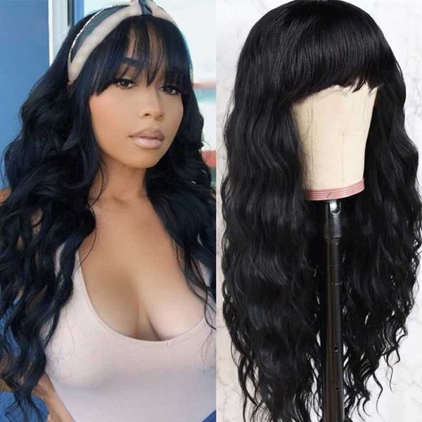 

synthetic wigs black bangs wig women's long wave heat-resistant natural color for daily wear (26 inches)