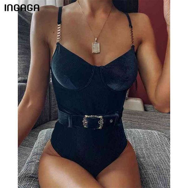 

ingaga vintage swimsuits swimwear women black ribbed swim wear push up bathing suit belted beach bathers 210728, White;black