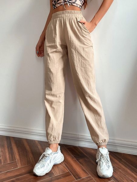 

elastic waist solid pants h0eu#, Black;white