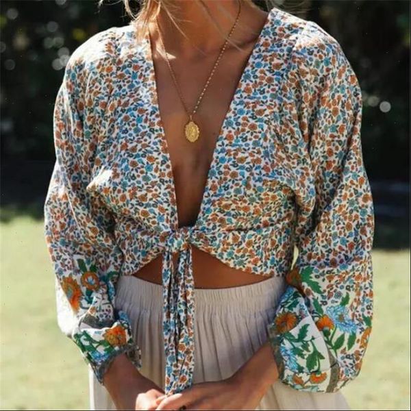 

fashion women t shirts ladies tie knot front spring summer long sleeve bandage shirt low floral printed top, White