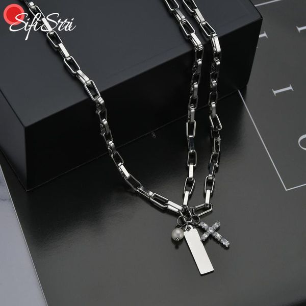 

chains sifisrri cross zircon paper clip chain necklace stainless steel choker goth for women girl collier emme vintage jewelry gift, Silver