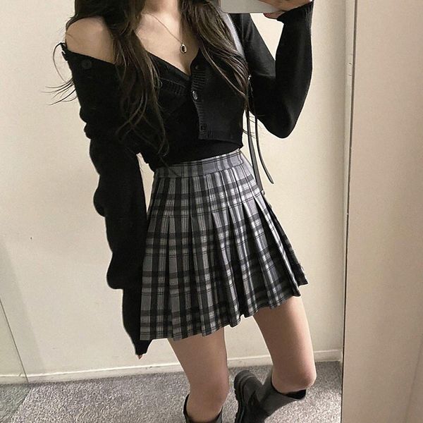 

women's preppy mini skirts school weekend plaid pleated gray s m l l6yr#, Black