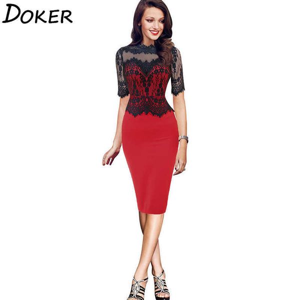 

spring summer elegant office ladies dress 3/4 sleeve evening party midi women slim es for plus size 210604, Black;gray