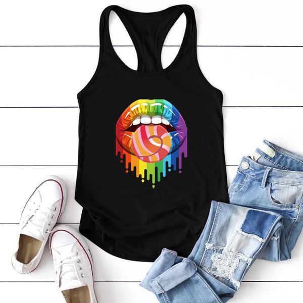 

rainbow lips womens tanks sugar print sleeveless women summer vest for tank vogue crew neck female clothing verano, White