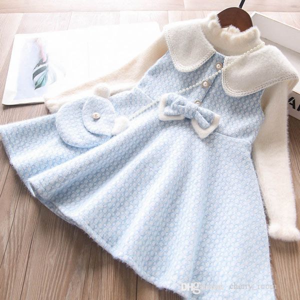 

girls princess clothing sets autumn winter kids pearl satchel imitation sable lapel ribbon 2pcs set children dress outfits s1718, White