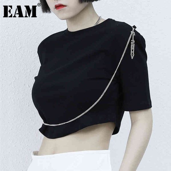 

[eam] women black white short chain casual solid color t-shirt round neck short sleeve fashion spring summer 1dd7341 21512