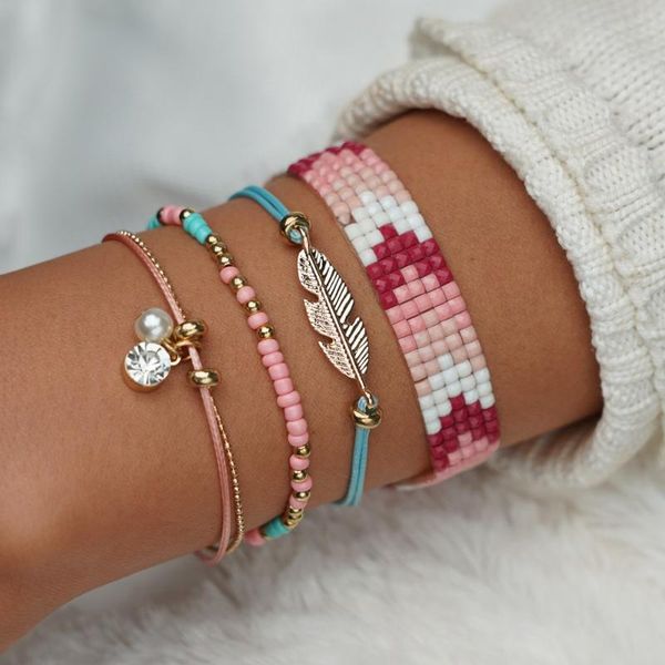 

charm bracelets misscycy 2021 bohemian handmade feather bracelet for women fashion multicolor beads set jewelry gifts, Golden;silver
