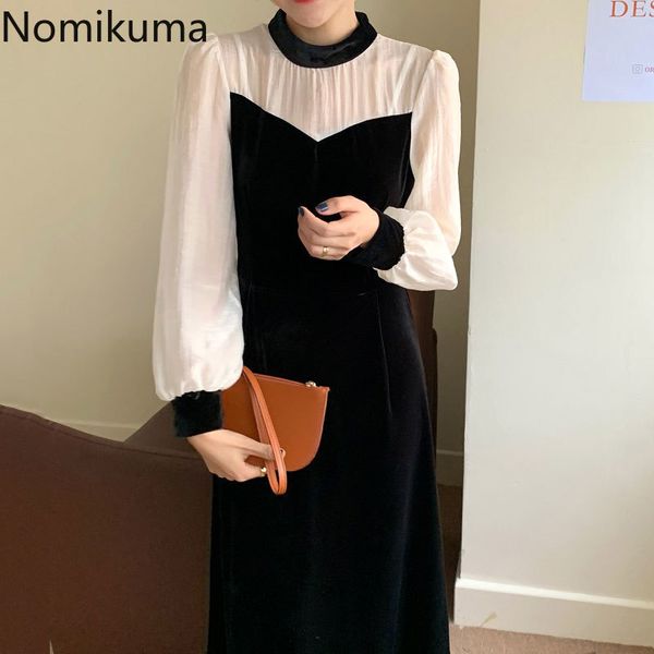 Nomikuma Robe Femme Винтажное платье Женщины Контрастные Цвет Лоскутное Длинные Рукава Корейский Шикарный CHIC Средний Тельф Платья Женский Vestido 3D190 210514