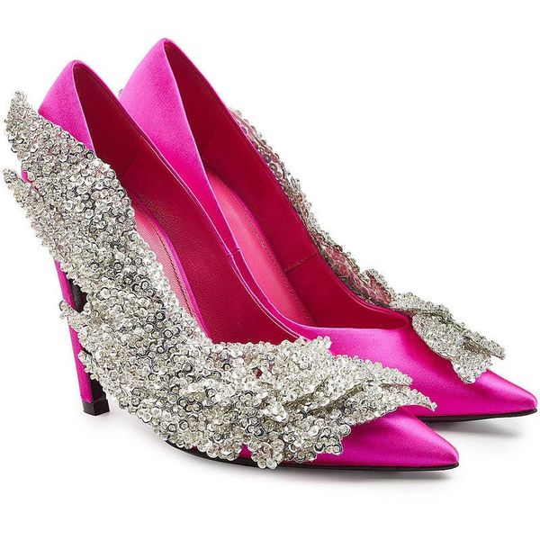 

size 34-43 silk satin pointy toe side crystal decoration bling stilettos high heels women wedding party shoes dress, Black