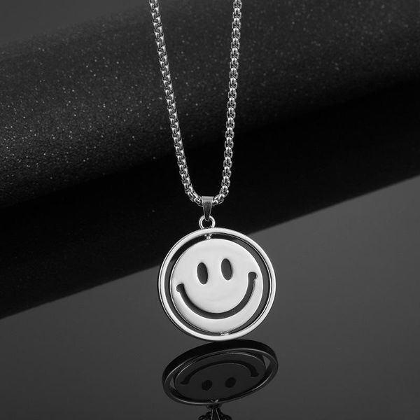

pendant necklaces double sided necklace men hip hop rotating cry laugh zinc alloy stainless steel chain vintage couple gift casual jewelry, Silver