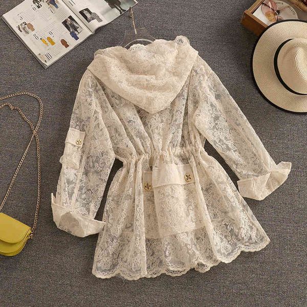 

women's fur & faux european style loose long lace jacket women 2021 summer new drawstring waist embroidered hollow zipper casual c, Black